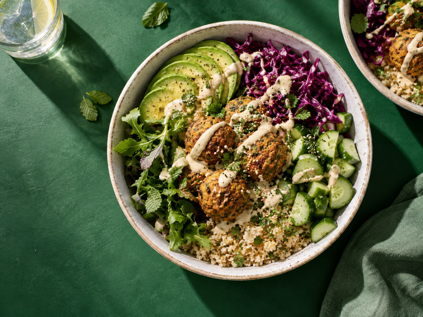 Sunlit falafel grain bowl with avocado, cabbage, herbs, and tahini on a green surface